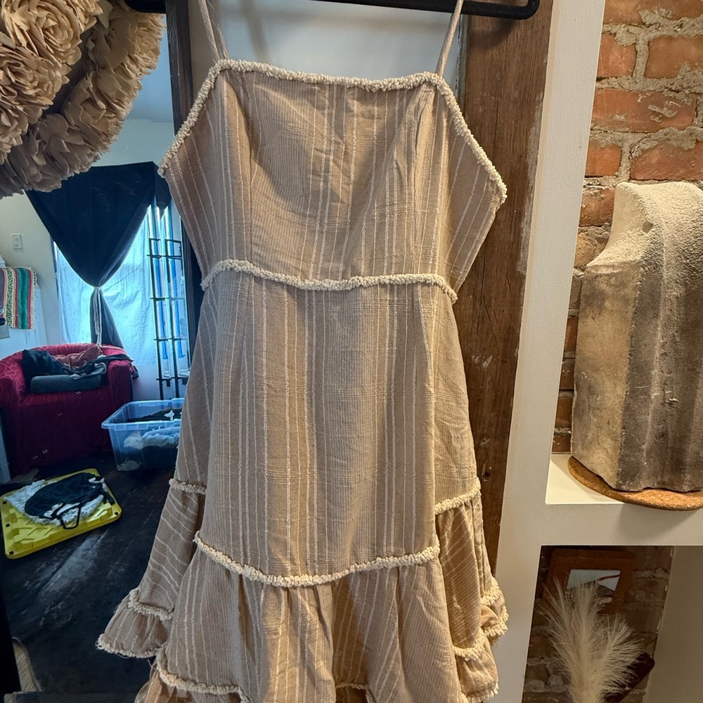 Indikah Beige Textured Baby Doll Ruffled Dress